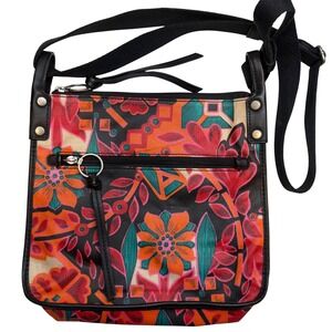 Fossil Crossbody Messenger Adjustable Bag Coated Canvas Floral Black Orange